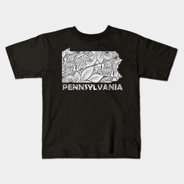 Mandala art map of Pennsylvania with text in white Kids T-Shirt by Happy Citizen